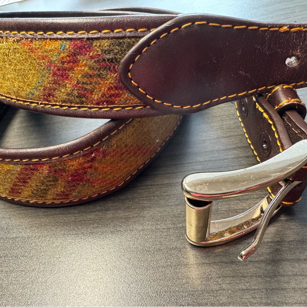 J. McLaughlin Brown Leather Belt with Multicolor Tweed Inlay